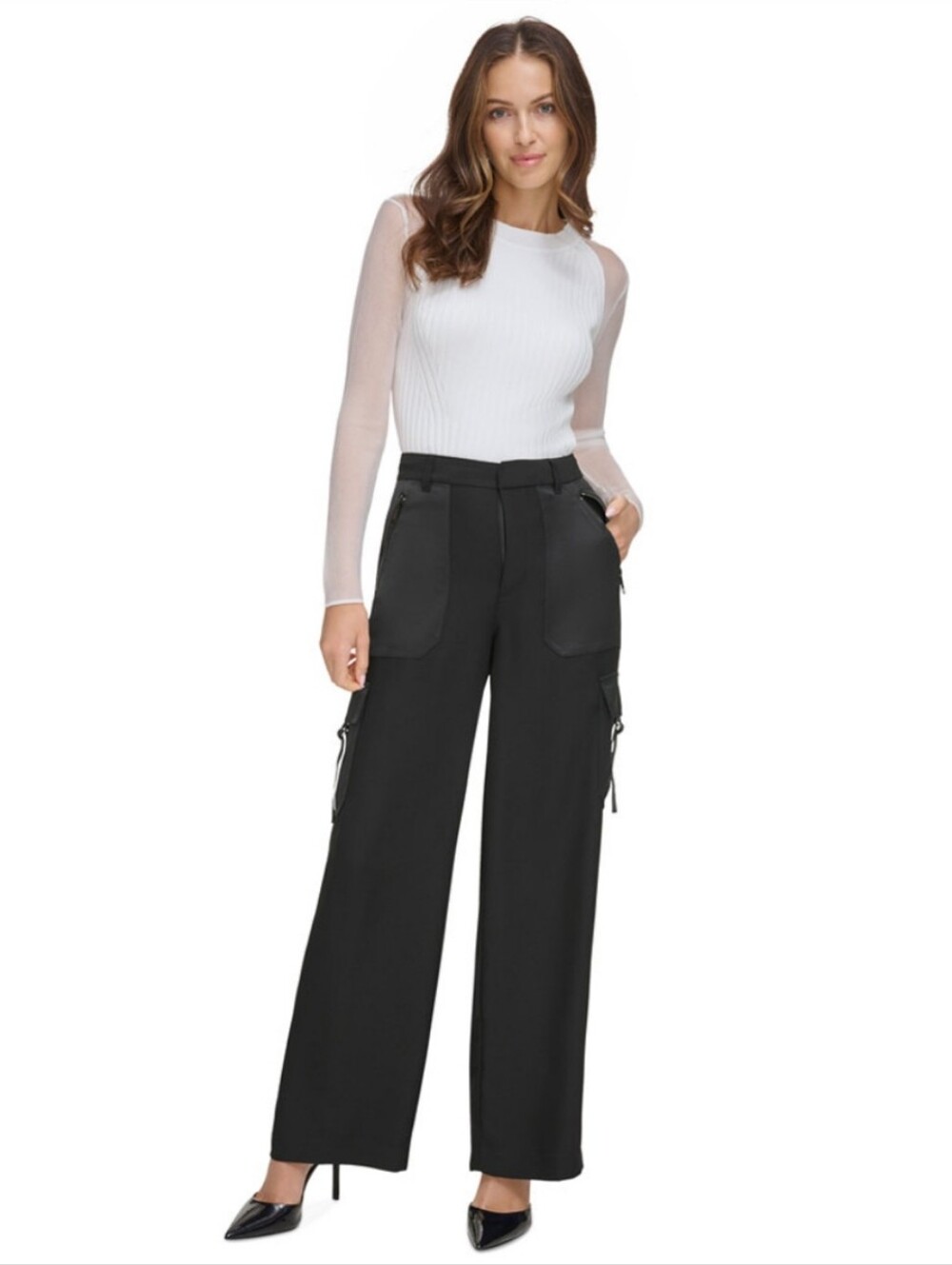 💖 DKNY Satin Side-Pocket Wide-Leg Cargo Trousers